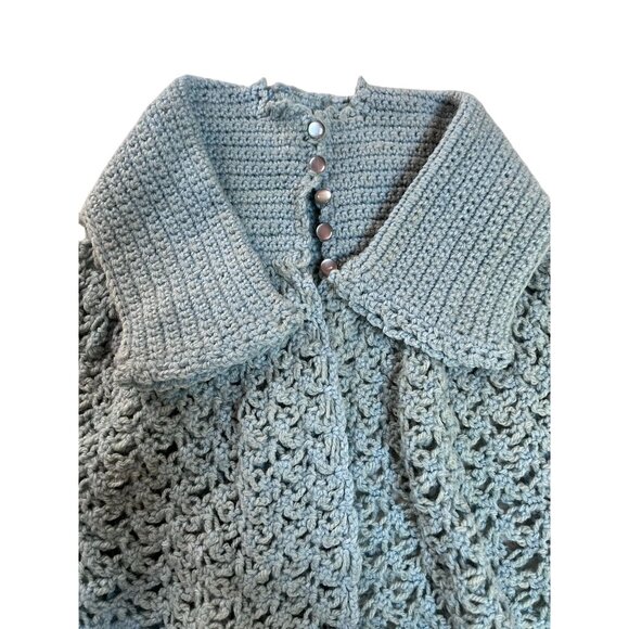 Vintage 50s Infant Handmade Blue Crochet Baby Dress Coat Cardigan With Open Knit - Picture 3 of 6